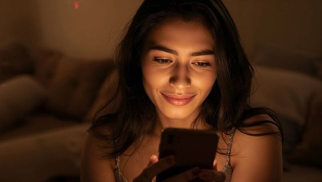 Young woman smiling at smartphone, holding device in cozy warm evening glow