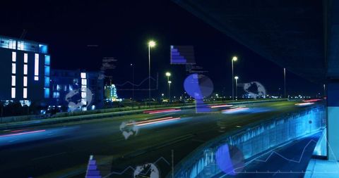 Night expressway with curved overpass and neon light trails with digital data overlays