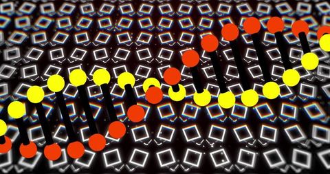 Neon helix slanting across geometric grid with glowing squares and colorful beads