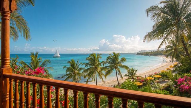 Carved wooden balcony overlooking turquoise ocean and swaying palms at tropical resort