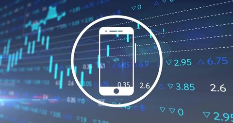 Mobile Trading Icon Visualizing Real-Time Market Data on Blue Candlestick Dashboard Analytics