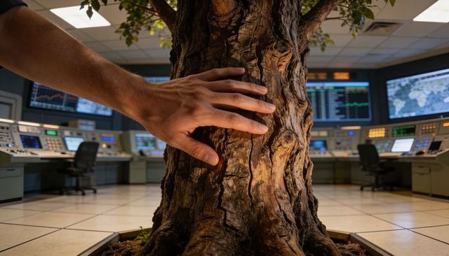 Touching tree trunk in high-tech control room blending nature and technology for sustainability