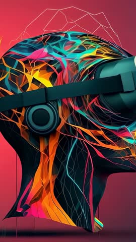 Rotating 3D Head Revealing Neon Neural Veins with VR Headset Coral Gradient Vertical Video