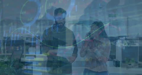 Financial Graph Overlay with Diverse Team in Office