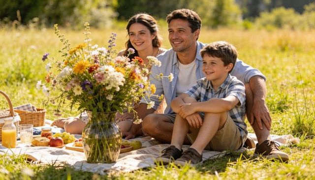 Family enjoying sunlit meadow picnic with wildflower bouquet and seasonal fruit, joyful moments
