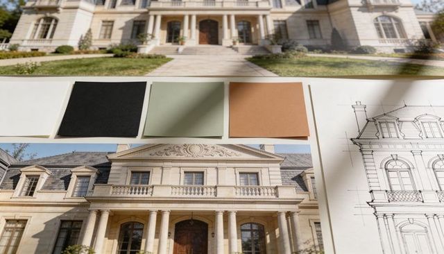 Luxury mansion facade presentation with architectural elevation and material swatches
