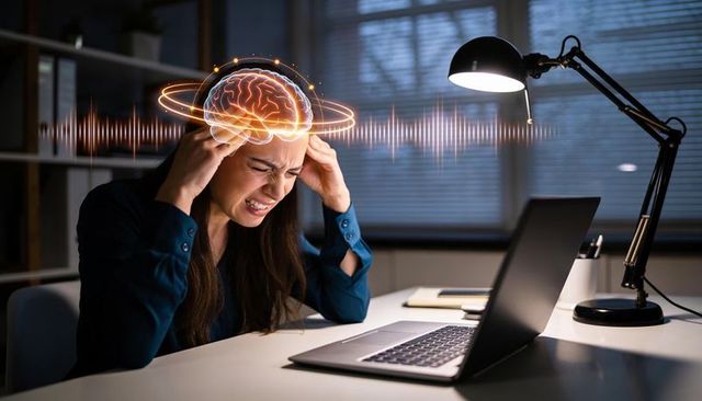 Woman experiencing migraine at home office with holographic brain and soundwave overlay