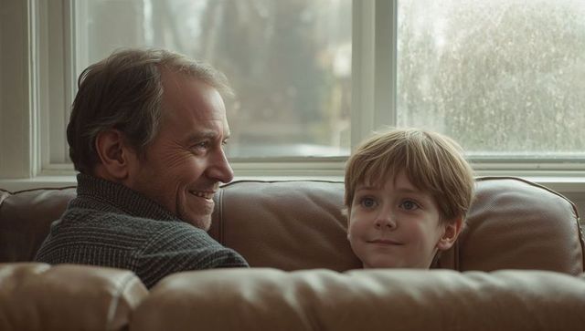 Father and son sharing cozy moment on leather couch by rain-speckled window
