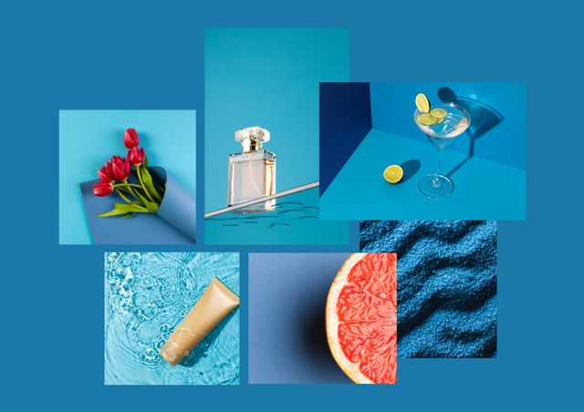 This vibrant collage showcases an array of luxury items, including a bottle of perfume, a bouquet of red tulips, a martini glass with lime, a skincare product in water, and a grapefruit slice. Perfect for advertisements or websites focused on high-end products, beauty, lifestyle magazines, or cocktail recipes. The bright blue background enhances the elegance and luxury of the displayed items.