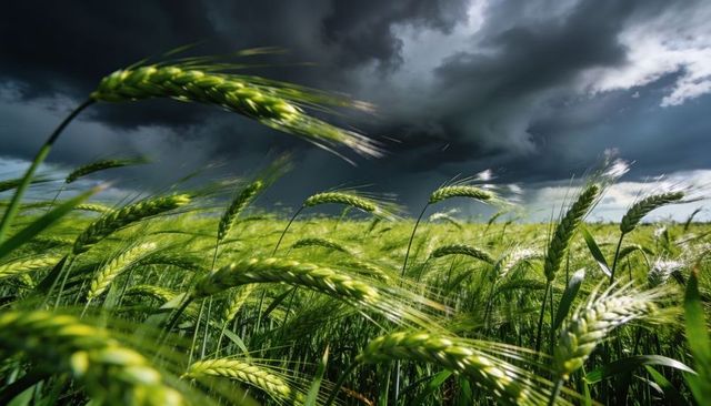 Swaying green barley heads bending in wind beneath dramatic storm clouds over field