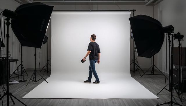 Walking man on seamless white studio backdrop holding dslr camera with softbox lighting