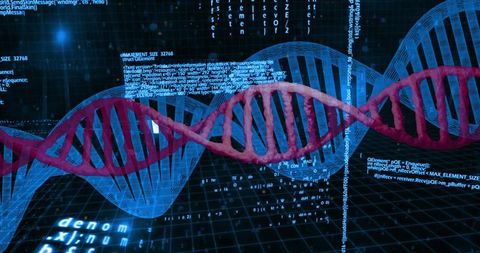 DNA Double Helix Rotating Over Neon Grid Visualizing Genomics Data and Bioinformatics