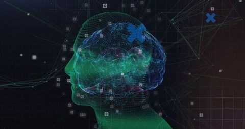 Futuristic Digital Brain in Networked Wireframe Head