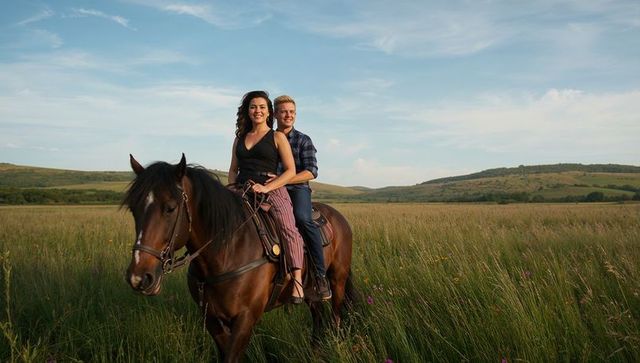 Couple riding brown horse through wildflower meadow during golden hour for travel and lifestyle