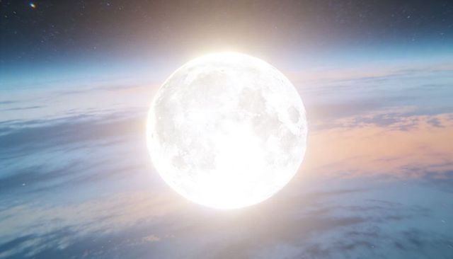 Glowing full moon hovering above pastel dawn clouds with radiant halo and starfield glow