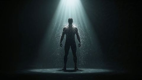 Silhouette of Muscular Man Under Falling Droplets in Spotlight