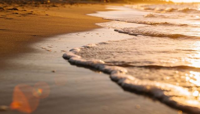 Golden sunset waves lapping wet sandy shoreline with foamy edge and warm lens flare