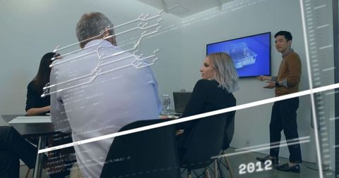 Business team collaborating on 3d model in digital meeting room