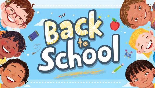 Colorful back to school celebration with smiling children and supplies