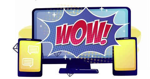 retro wow text on computer screen with tablets and message icons - Download Free Stock Images Pikwizard.com