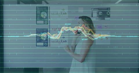 Woman Analyzing Data Charts on Smartphone with Graph Overlay