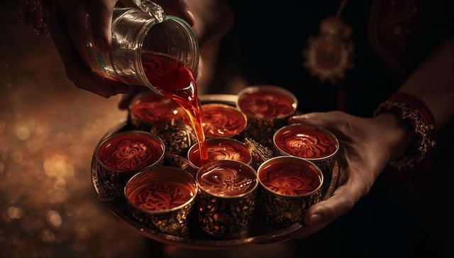 Pouring red tea into intricate cups during cultural celebration