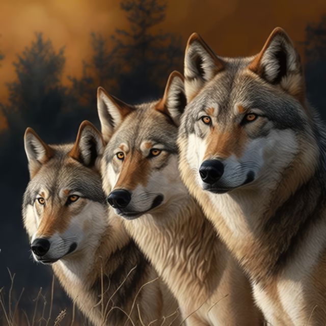 Portrait of close up of three wolves, created using generative ai technology. Wildlife, wild animal and nature concept digitally generated image.