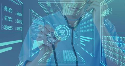 Futuristic Doctor Analyzing Digital Health Metrics with Stethoscope