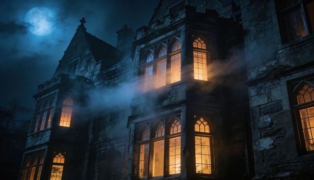 Moonlit Gothic Mansion with Glowing Arched Windows and Misty Nocturnal Atmosphere