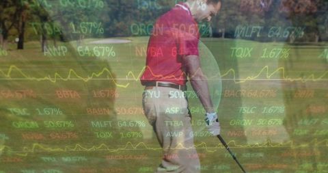 Golf Enthusiast Balancing Sports and Finance with Stock Ticker Overlay