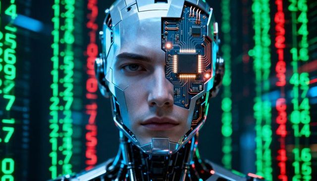 Male Cyborg Revealing Exposed Microchip and Circuitry with Neon Data Stream