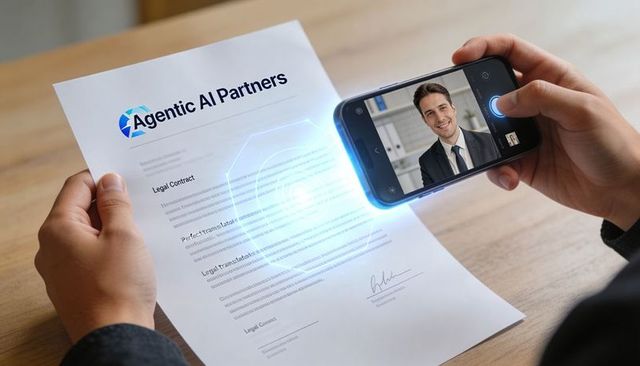 Scanning Corporate Contract with Smartphone Showing Remote Executive and Blue AI Hologram