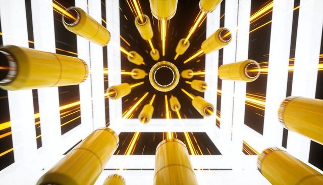 Spiraling glossy yellow tubes converging into illuminated ring inside geometric shaft