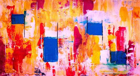 Vibrant Abstract Acrylic Painting Featuring Bold Blue Blocks and Warm Sunlit Hues