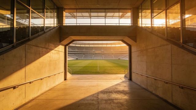 Sunlit Stadium Tunnel Framing Green Pitch at Sunrise, Concrete Corridor Leading to Field