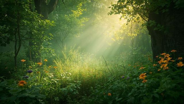 Sunlit Forest Glade with Orange Wildflowers, Misty Sunbeams and Lush Green Foliage