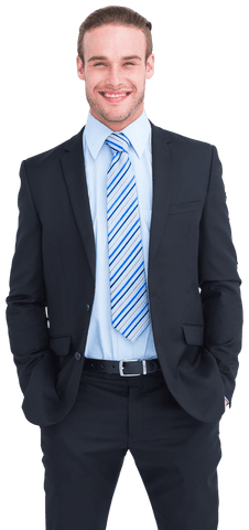 Transparent Businessman Smiling in Suit with Hands in Pockets