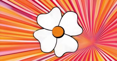 Retro pop art white flower with orange center on vibrant radial burst background