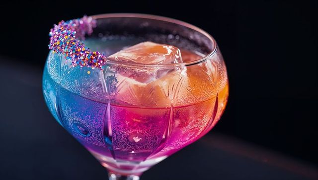Iridescent cocktail glass glowing with blue-to-orange gradient and sprinkle rim
