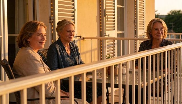 Sunlit balcony conversation between three mature women relaxing at glass top table