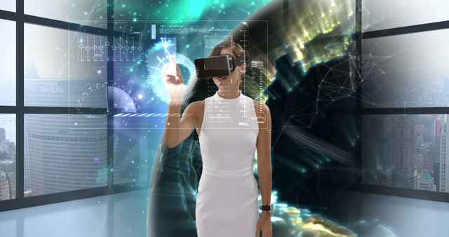 Businesswoman using virtual reality glasses while touching the screen 4k