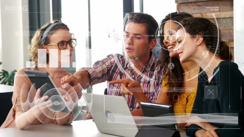 Team Collaborating with Digital Bricks in Modern Workspace