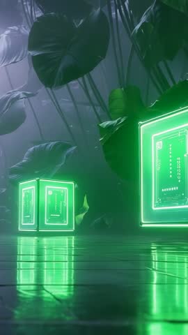 Neon Cubes Pulsing on Reflective Floor Inside Futuristic Greenhouse Vertical Video