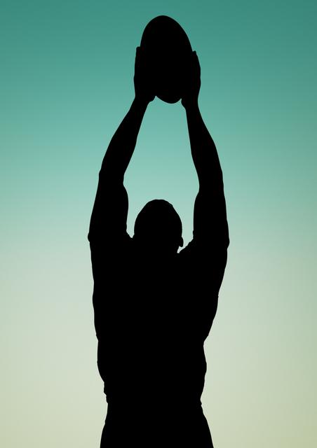Silhouette of a rugby player reaching up to catch a ball set against a green gradient sky. Great for use in sports-themed marketing materials, fitness advertisements, or motivational posters. Useful in digital publications focused on team sports, athleticism, and dynamic action scenes.