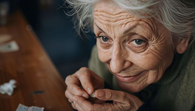 Senior woman inspecting keepsake ring closeup portrait of memory and warmth
