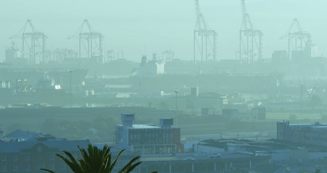 General view of cityscape with multiple modern buildings and shipyard covered in smog. urban skyline, city and architecture.