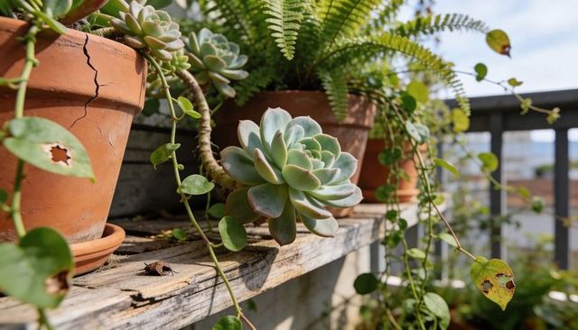 Sunlit pale green succulent rosette on wooden shelf with cracked terracotta pot and fern