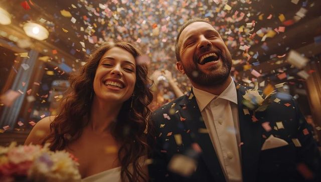 Joyful Newlyweds Celebrating With Confetti in Elegant Setting