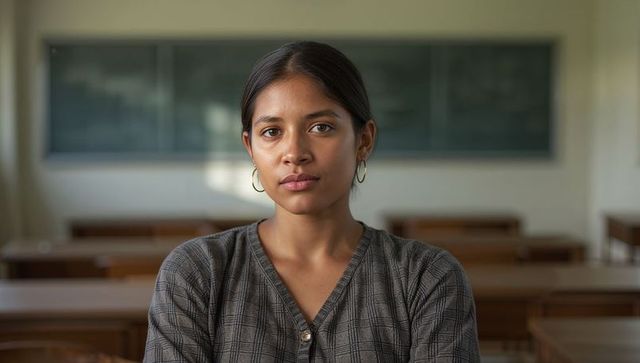 Young student sitting confidently in classroom portrait with chalkboard background