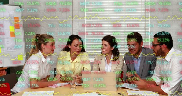 Business professionals engaged in analyzing stock market data during a meeting. Digital stock numbers and charts superimposed on the scene highlight a busy financial and technological environment. This image can be used for topics related to finance, stock market analysis, corporate teamwork, business planning, and office collaboration.
